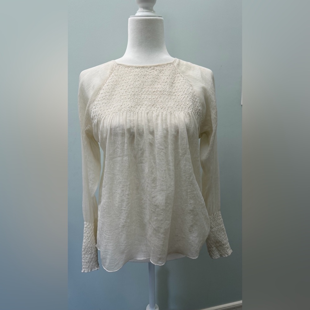 Zara Cream Long-Sleeve Smocked Yoke Women's Top